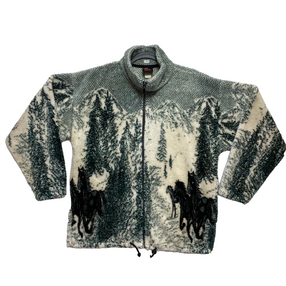 VINTAGE Mazmania Fleece Jacket Mens M Green Horses Alps Western 90s - Picture 1 of 12